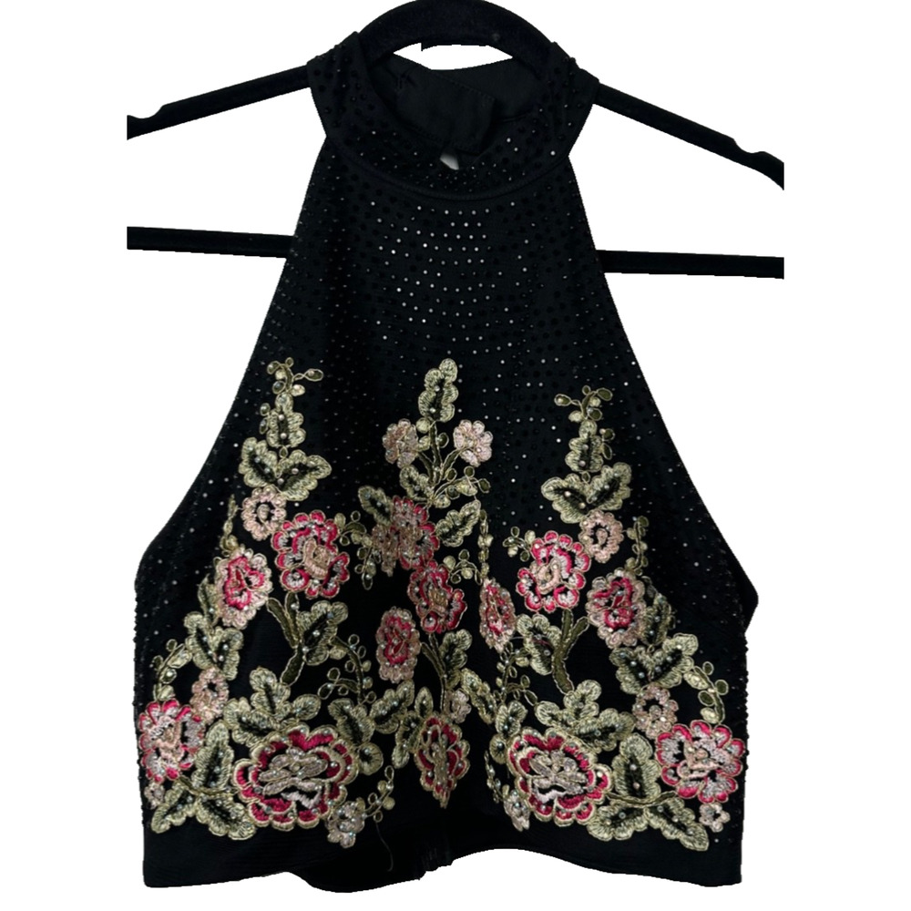 Jodi Kristopher 13 Black Beaded Sequins Halter Crop Top Pink Gold Floral S A17